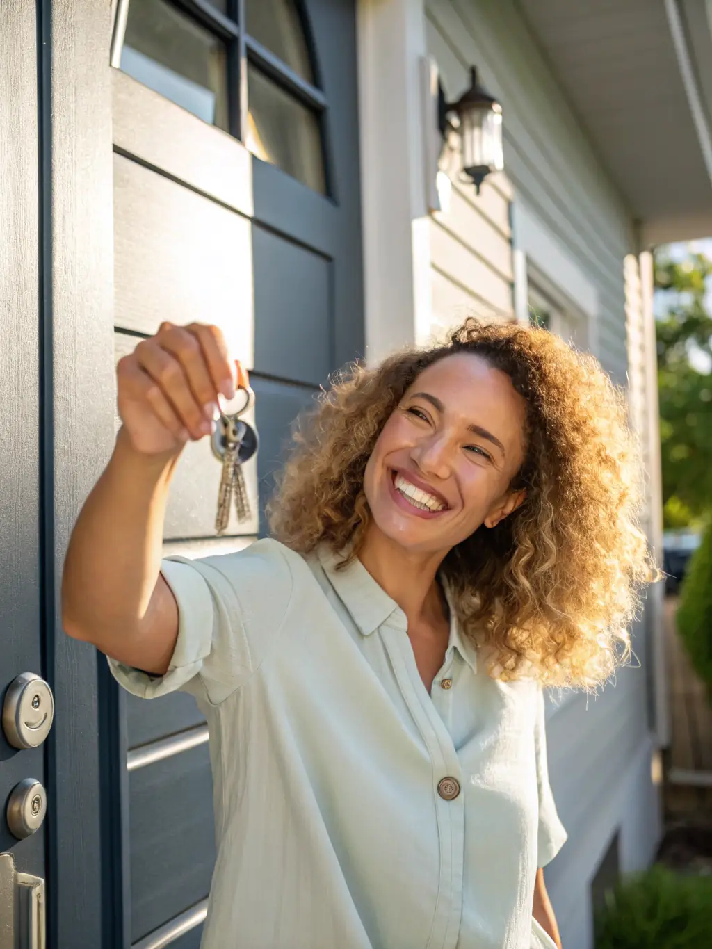A professional headshot of a FundMyHomeMortgage loan officer, smiling confidently and holding a set of house keys, symbolizing trust and accessibility in home financing.