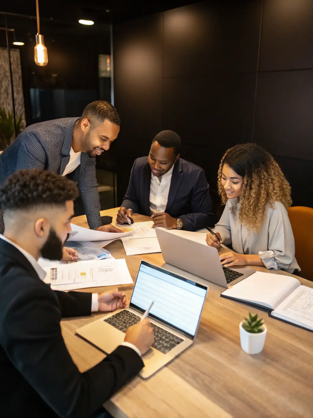A diverse group of people happily gathered around a table, reviewing mortgage documents, symbolizing FundMyHomeMortgage's inclusive and accessible approach to lending.